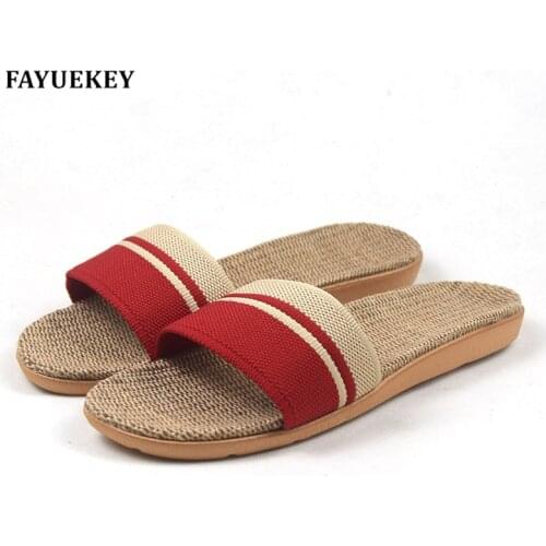 FAYUEKEY New Fashion Summer Home Striped Linen Slippers Women Indoor\ Floor Non-slip Beach Slides Flat Shoes Girls Gift