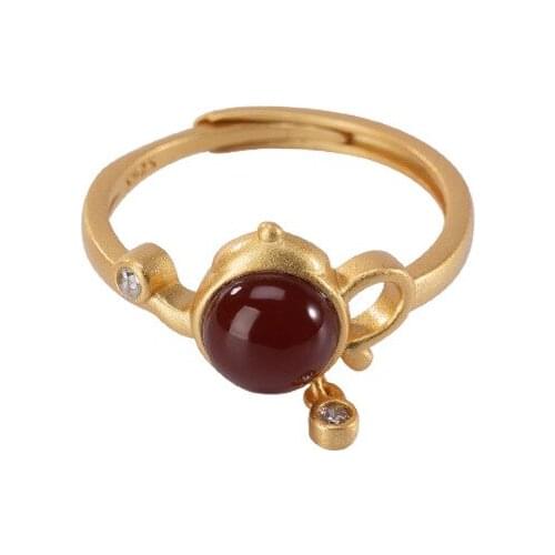 S925 sterling silver gold plated Southern red agate Ring Personality Light luxury Teapot Ladies Temperament Open ring