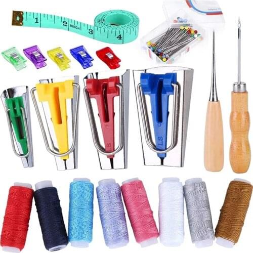 Nonvor Bias Tape Maker, Bias Folder with 8 Colors Sewing Thread, Sewing Clips, Ball Point Pins and Other Tools for Fabric Sewing