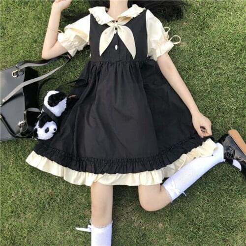 Summer 2021 New Japanese Soft Girl Sweet Cute Bow Fake Two-Piece Stitching Loose Short-Sleeve Dress Women gothic lolita dress