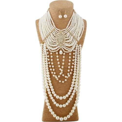 Luxury Bohemian Wide Maxi Long Flower Pearl Necklace Set Earrings Multi Layer Tassel Handmade Crystal Jewelry Sets Women Wedding