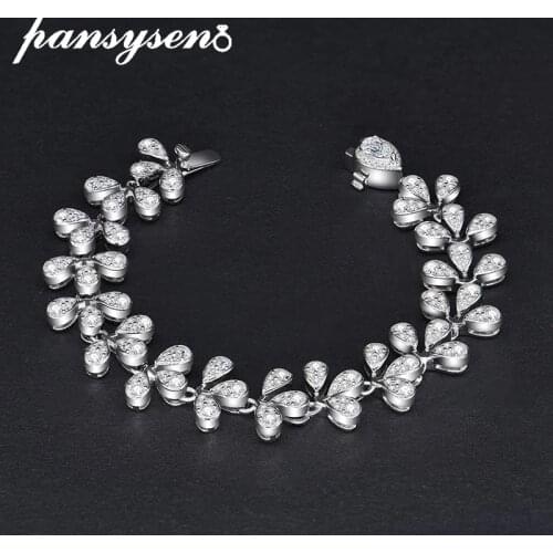PANSYSEN Luxury Leaf Shape Charms Bracelets for Women Solid Silver 925 Fine Jewelry Bangle Bracelet Wedding Party Gift Wholesale
