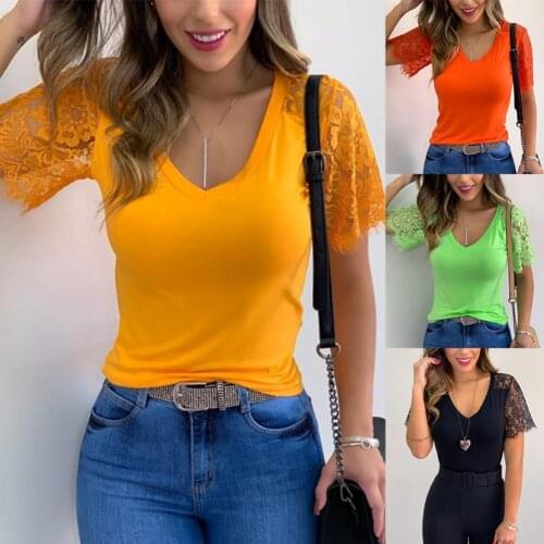 S-3XL T-shirt Summer 2020 Women Sexy Summer V Neck Lace Patchwork Short Sleeve Slim T-shirt Blouse Top