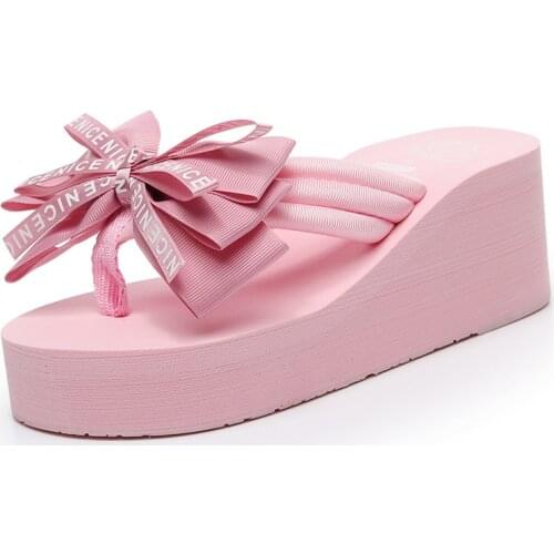 Women Slippers Summer Platform Wedges High Heels Bow Tie Peep Toe Fashion Slides Beach Outdoor Ladies Shoes Female Sandals hy451