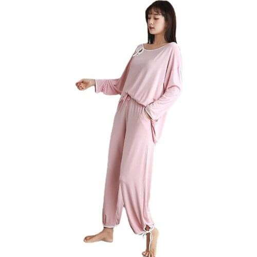Spring Autumn Modal Pyjama Sleepwear Female Casual O-Neck Long Sleeve 2 Pieces Nightwear Womens Loose Comfortable Pajamas Sets