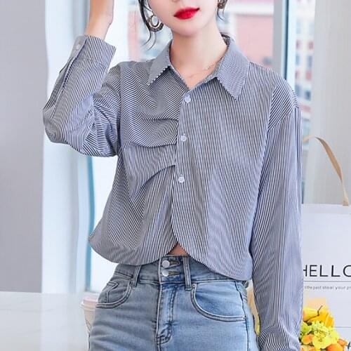 Folds Shirts Long Sleeve Elegant 2021 Spring Autumn Korean Fashion Striped Short Chiffon Women Tops And Blouses Blusa Feminina