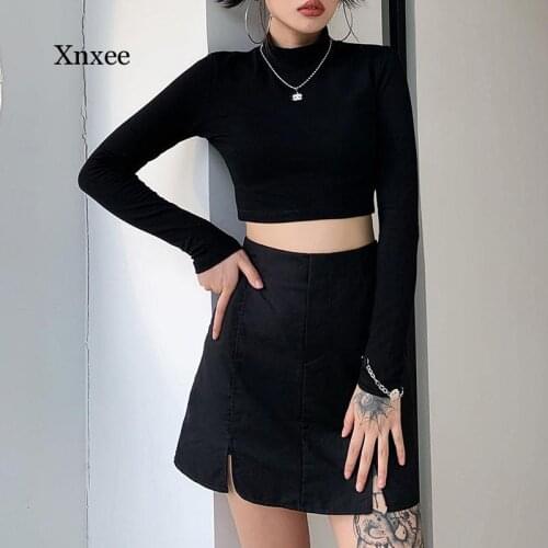 Gothic Two Pieces Sets Skinny Black Turtleneck Long Sleeve Women Crop Tops T-Shirts with Plaid Camisole Streetwear