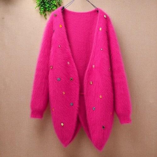 Casual ladies women black real mink cashmere sweater coat medium long angora knitting wool beading cardigan sweater winter