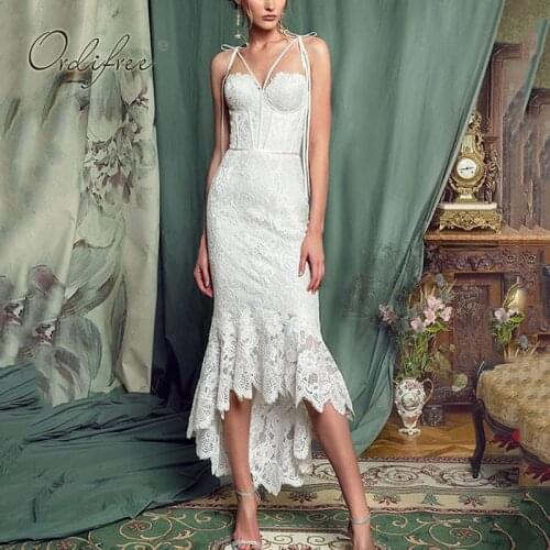 Ordifree 2021 Summer Women Long Party Dress Spaghetti Strap Sexy Backless White Lace Maxi Night Dress