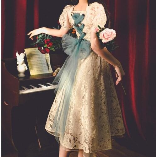 New Summer Women French Palace Style Vintage Square Collar Bow Bandage Fairy Dress Victorian Lolita Elegant Puff Sleeve Dresses