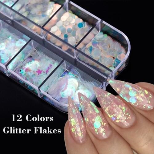 12 Grids Holographics Spangles Nail Sequins Aurora AB Mermaids Nail Flakes Stunning Pailliette Heart Butterfly Star Decorations