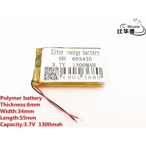 2pcs/lot 3.7V,1300mAH,603455 Polymer lithium ion / Li-ion battery for TOY,POWER BANK,GPS,mp3,mp4