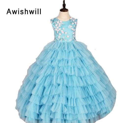 Customized 2020 Flower Girl Dresses for Weddings Sleeveless O-neck Flowers Tiered Tulle Ball Gown Party Pageant Dress for Girls