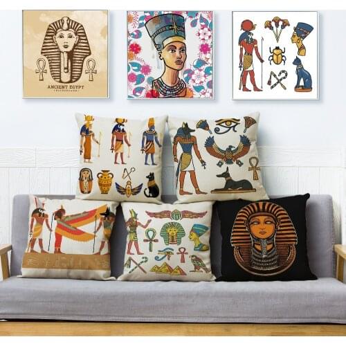 Cartoon Egypt Pharaoh Totem Print Cushion Cover Beige Linen Pillow Covers 45*45 Square Pillows Cases Sofa Home Decor Pillowcase