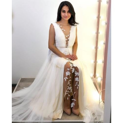 Elegant Wedding Dress 2021 A-Line Sheer Neck Lace Appliques Pearls Button Sweep Train Tulle Vintage Bride Gown Vestidos De Noiva