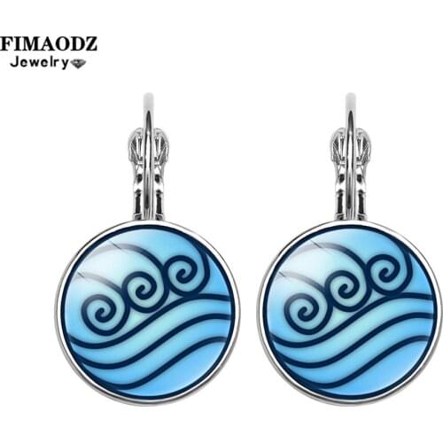 FIMAODZ Avatar The Last Airbender Earrings for Women Air Nomad Fire And Water Tribe Symbol Glass Round Silver Color Hook Earring