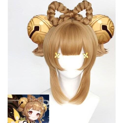 Genshin Impact Yaoyao Cosplay Wig Light Brown Braids Bow Heat Resistant Synthetic Hair+Wig Cap