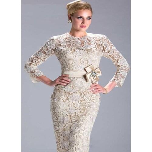 Hot Sale Sheath Champagne Long Sleeve Lace Mother of the Bride gown vestidos de festas 2018 longo prom dress