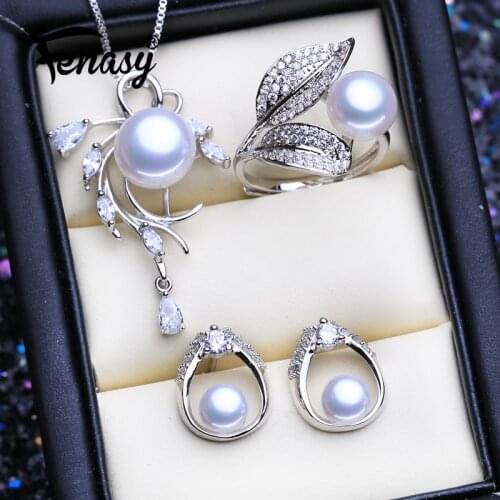 FENASY 925 Sterling Silver Jewelry Sets Natural Pearl Stud Earrings Custom Bohemian Flower Pendant Necklaces For Women Ring Set