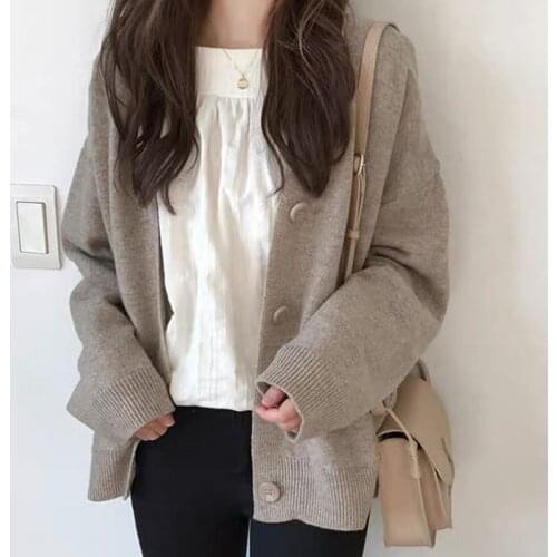 Lazy Style Sweater Cardigan Womens Spring New Korean Loose College Style Knitted V-neck Top