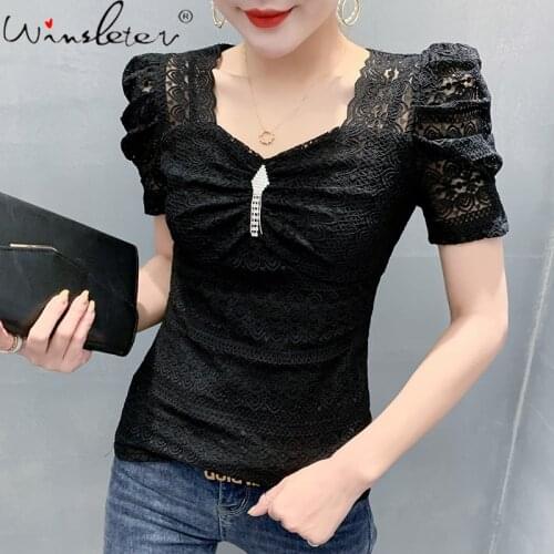 Summer Korean Clothes Lace Solid T-Shirt Sexy Fashion V-Neck Vintage Drape Women Tops Slim Bottoming Shirt Tees New 2021 T13708A