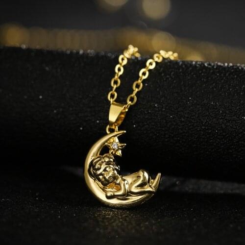 New Personality Moon Baby Pendant Fashion Elegant Women Inlay Zircon Gold Color Necklace Trend Charm Lady Birthday Party Jewelry