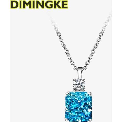 DIMINGKE 9*10MM Rectangle Aquamarine Pendant Necklace S925 Sterling Silver Fine Jewelry Wedding Party Birthday Gift