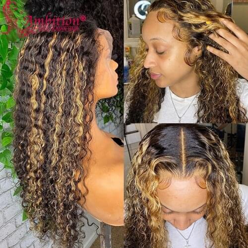 Highlight Human Hair Lace Front Wigs Pre plucked Curly Lace Front Wigs 200% Full Density Curly Lace Hair Wigs Bleached Knots