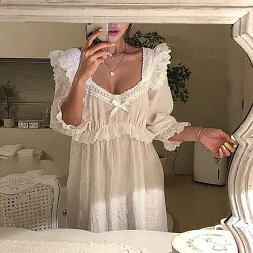 Womens 2021 Spring and Autumn Dress White Lace Square Neck Princess Pajamas Retro Ladies Pajamas Pajamas Cute Casual Pajamas