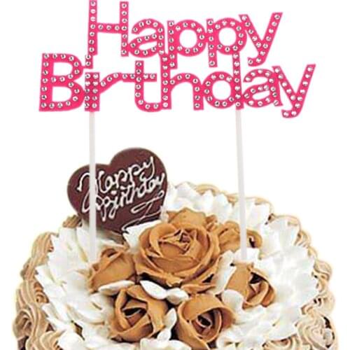 Crystal Happy Birthday Cake Topper Flags Non-Wovens Pink Fushia Purple Red For Birthday Party Cake Baking Decor Cake Flags