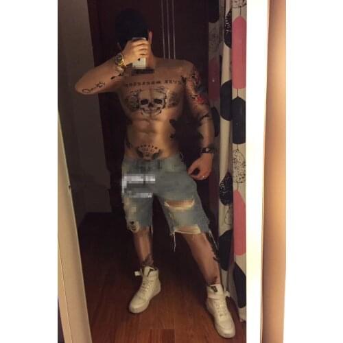 Sexy Fashion Tattoos Tights Bodysuits Male Skull head Party Show Costume Nightclub bar dj male ds singer 3D muscle Jumpsuit