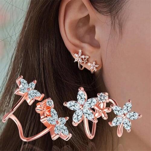 KOFSAC H Exquisite S925 Silver/Rose Gold Color Flower Ear Earrings Piercing Ear Cuff Earrings For Women Girls Brincos