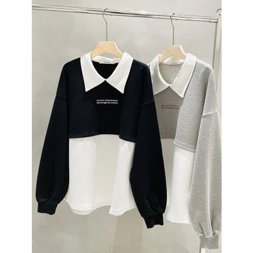 Fake Two-piece Sweatshirt Womens Loose 2021 Spring Fashion Mid Long Splicing Lazy Style Top