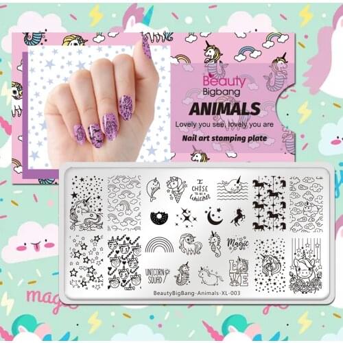 BeautyBigBang Stamping Plates Cute Unicorn Stars Cloud Horse Image Animal XL-003 Stainless Steel Nail Art Stencil Template