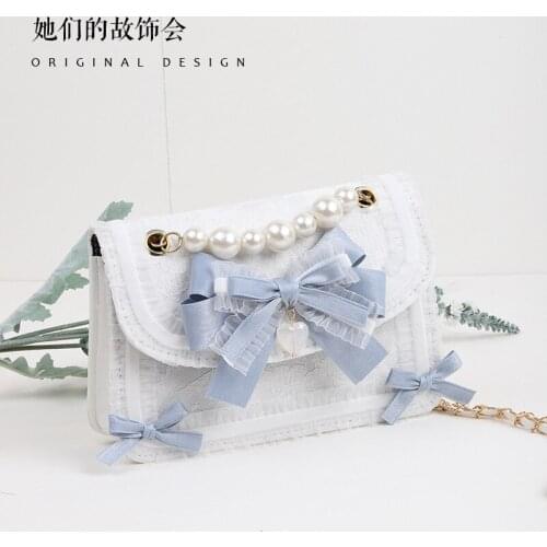 Lolita Sweey Girls Handbag Lace Bowknot Pearl Chain JK Shoulder Bag Harajuku Kawaii Daily Party Accessories Crossbody Bag Cute