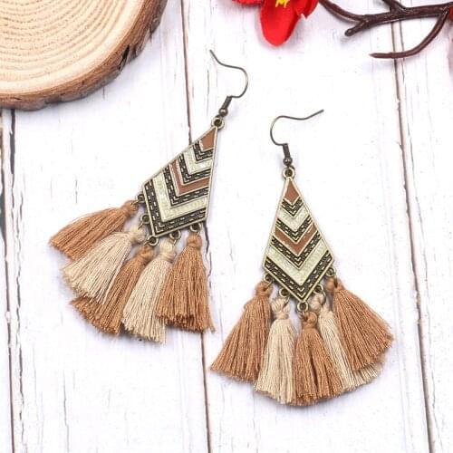 Women Bohemian Colorful Tassel Earrings Geometrical Element Long Fringed Earring For Women Drop Earrings