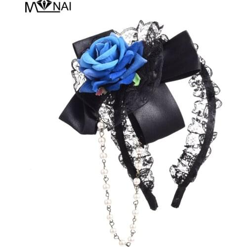 Gothic Lolita Hairbands Floral Women Lace Beaded Rose Hair Accessories Vintage Headband