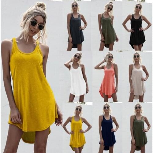 Sexy Tank Sleeveless Dress 2021 Summer Shirt Dresses White Black Vest Women Solid Color Vintage Loose U-neck Vestido Robe Femme