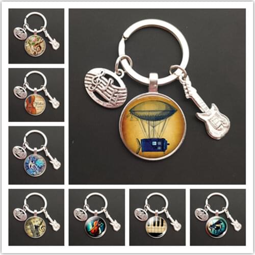 2021 classic guitar music glass pendant guitar keychain key ring musical instrument jewelry music lover teacher gift