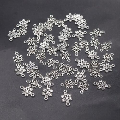 50pcs Silver Plated Mini 3D Six-Stamen Petal Connectors DIY Charms Retro Bracelet Earrings Metal Jewelry Crafts Making 18*10mm