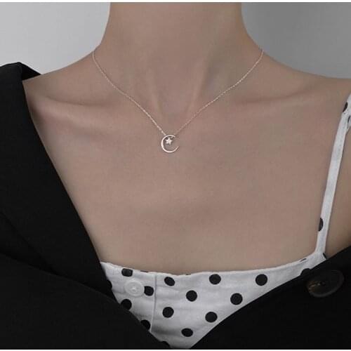 925 Silver Sterling Necklace For Women Gold Moon Star Cute Pendant Line Chain Simple Design Trendy INEFFA Minimalist Elegant
