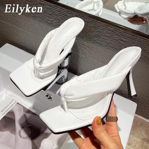 Eilyken 2021 New Brand Women Slipper Summer Outdoor Slip On Ladies High Heels Slides Elegant Pleated Sandal Flip Flop Shoes