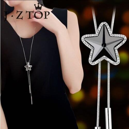 JZTOP Fashion Black Star Sweater Chain Crystal Five Pointed Star Pendant Adjustable Long Necklace For Woman Chocker Jewelry