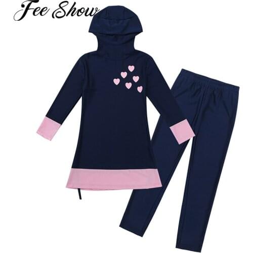 2PCS Kids Girls Bathing Suits Long Sleeves Sweetheart Printed Full Cover Conservative Hijab Burkini Swimwear Swimsuit with Pants