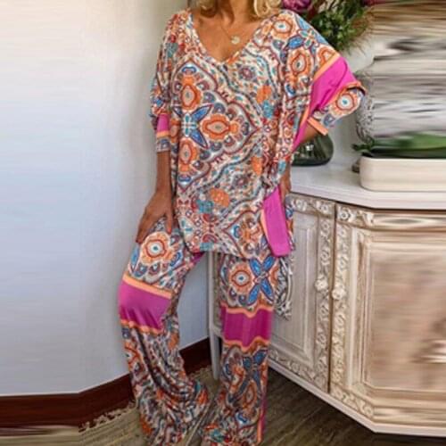 Retro Pattern Ethnic Print Women Sets 2021 Spring V-neck Long Sleeve Top and Long Pants Homewear Suit Sexy Pajamas Two Piece Set