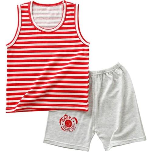 Children Clothing Sets Summer Kids Striped Vest Printing Shorts 2-Piece Cotton Casual Outfit Baby Boys Girls Clothes Suit 1-5 Y