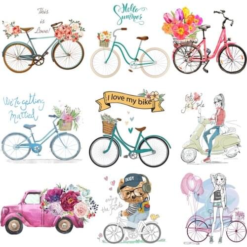 Beautiful Bike Flower Transfer For Clothing Iron On Cute Girls Transfers For Clothes Appliques Stickers For DIY Washable T-shirt