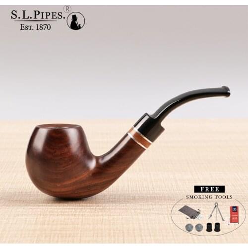 ▂ξ Smoker Bent Type Ebonywooden Smoking Pipe With Metal And Wood Ring Luxurious Top Solid Wood Pipe Fit 9MM Filters Free Tools
