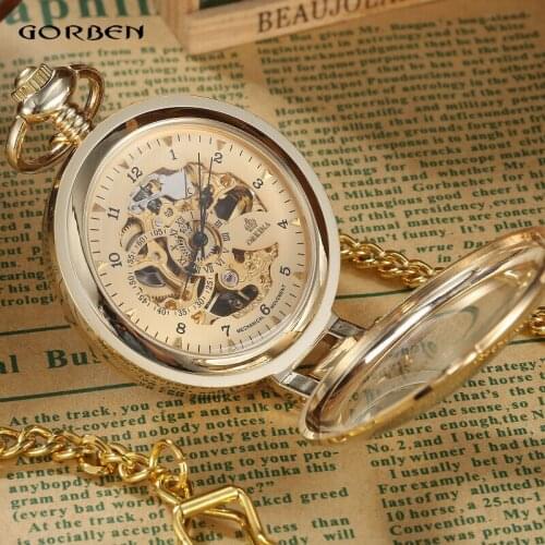 Fashion Golden Mechanical Steampunk Skeleton Roman Numbers Pocket Watches Necklace Fob Chain Unisex Gift