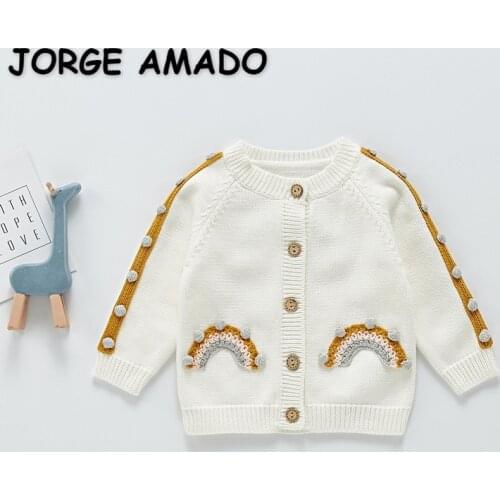 2021 New Autumn Girls Sweater Long Sleeves Round Collar Rainbow Appliques Pompom Open Stitch Knitting Children Wool Coat E108